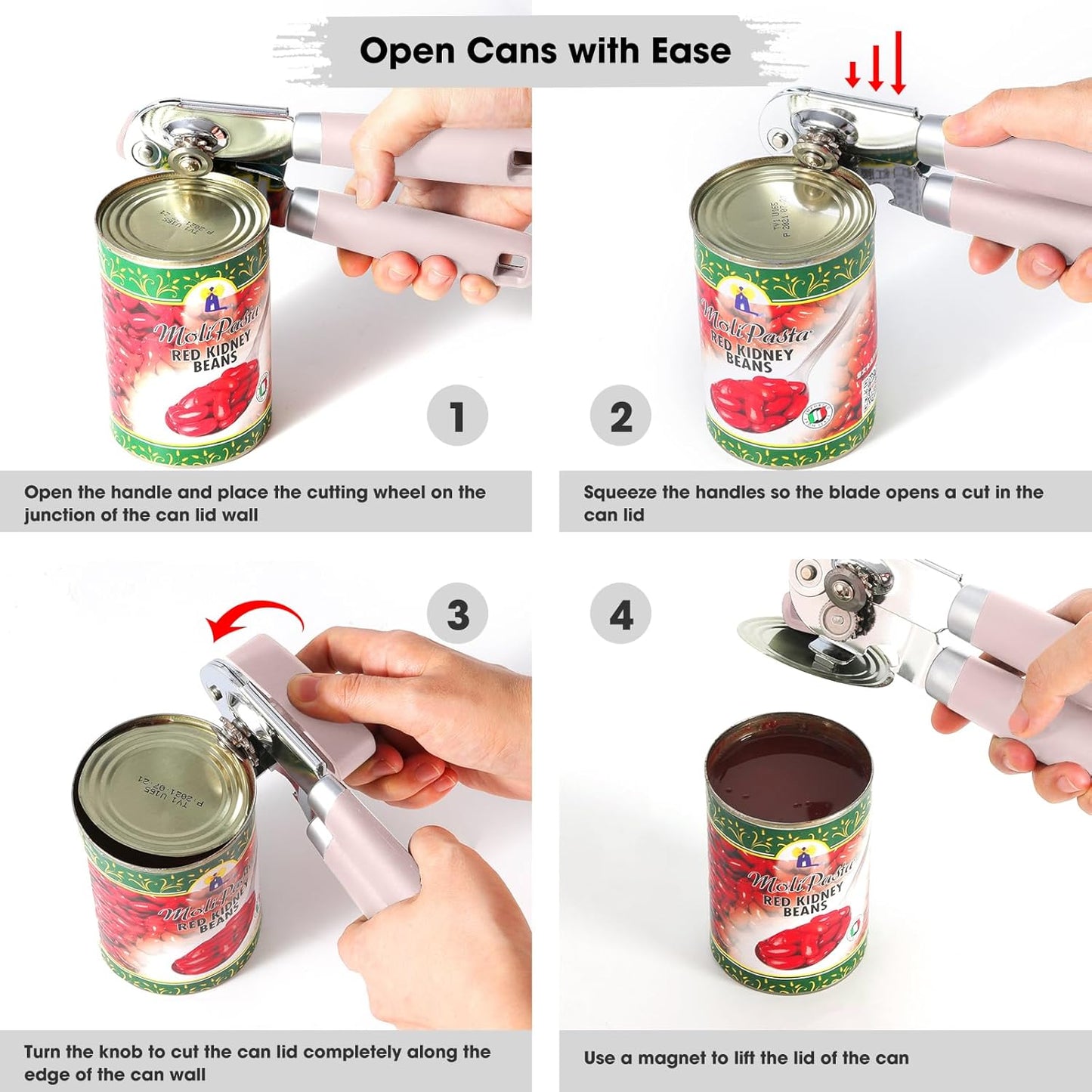 Beneno Can Opener Manual with Magnet, Hand Held Heavy Duty Can Opener with Durable Sharp Blade Smooth Edge, Big Effort-Saving Knob, Soft Grip Rubber Handle, Multifunctional Bottle Opener, Light Pink