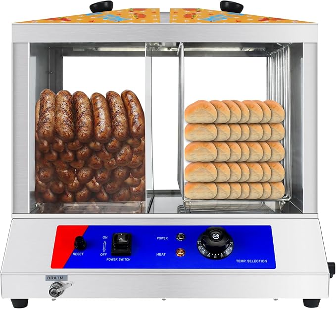 Hot Dog Steamer 36L Hot Dogs Buns Steamer for 100 Hot Dogs & 50 Electric Bun Warmer Cooker with Thickened Tempered Glass Stainless Steel