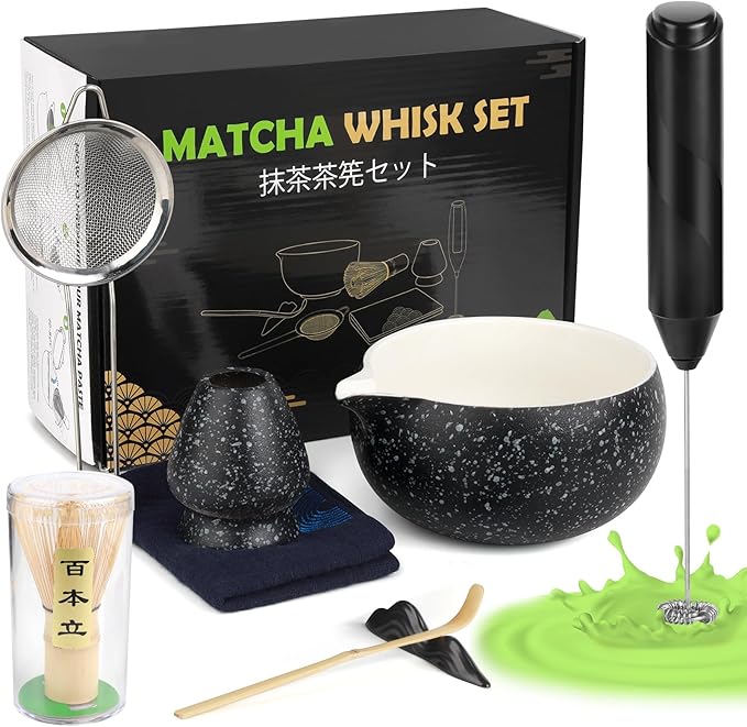 Matcha Whisk Set with Electric Frother – 8Pcs Tea Set with Matcha Bowl, Bamboo Whisk & Holder, Scoop, Scoop Rest,Sifter&Tea Towel–Traditional & Modern Matcha Kit for Ceremony,Lattes & Gifts