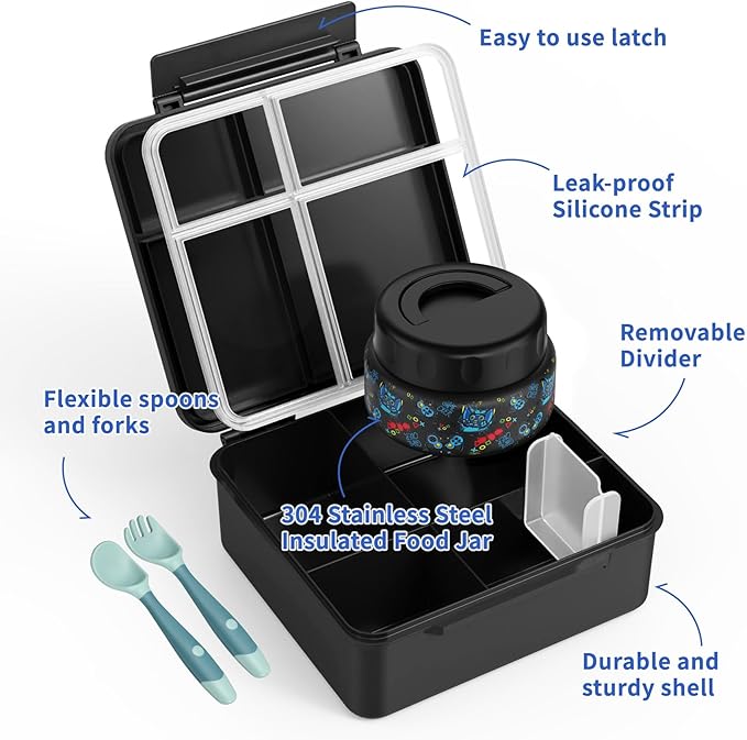 Bento Box for Kids with Thermo Food Container (9oz), 4-Compartment Lunch Box, Adjustable Divider, Leakproof Bento Lunch Box, Includes Utensils & Carry Bag for School, Office(Black-Game)
