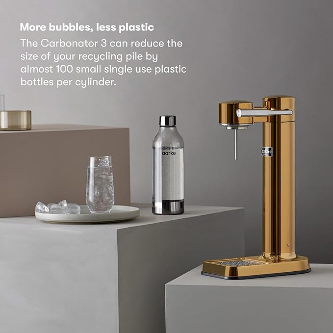 Aarke Carbonator lll, Sparkling & Carbonation Water Machine, Stainless Steel with PET BPA-Free Reusable Bottle Volume 1L/34 fl oz (Gold)