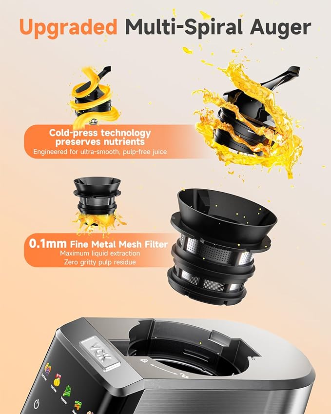 Cold Press Juicer with Large 5.12" Feed Chute- Slow Masticating Technology for Nutrient Retention, Quiet Motor, High Juice Yield, Leakproof Base- Perfect for Fruits Vegetables & Leafy Greens