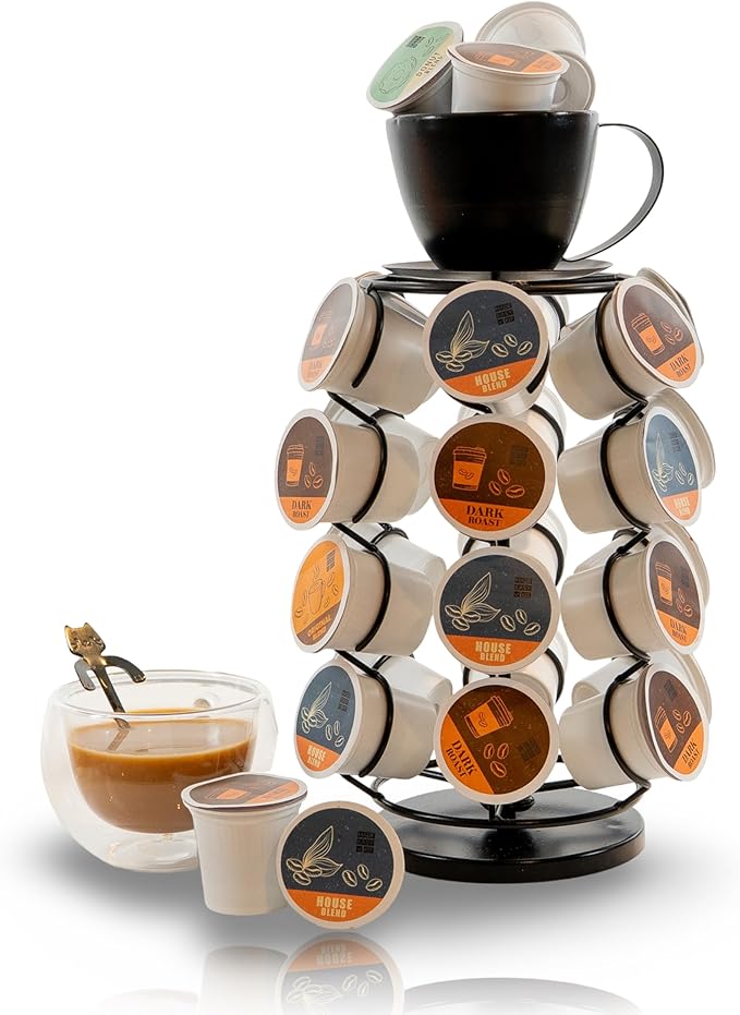 Made Easy Kit Carousel Coffee Pod Organizer - Compatible with Keurig K-Pods K-Cups - Countertop 360 Spin Rack Storage - Lazy Susan Revolving Base Metal (Black Coffee Mug, Small (24 Pods))