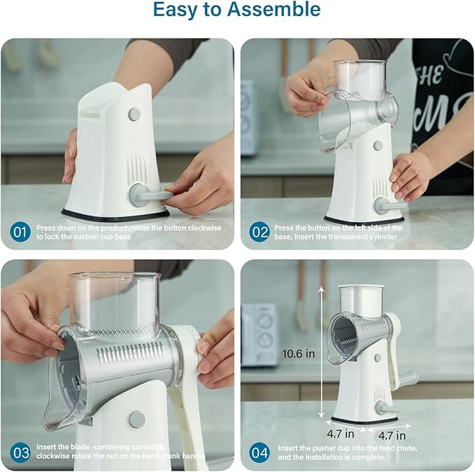 Rotary Cheese Grater Hand Crank, 5 Blades Cheese shredder, Stronger Suction, Easy to Clean for Fruit, Vegetables, Nuts, White