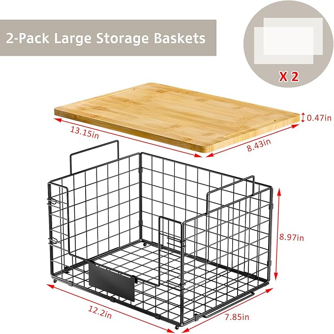 2 Set XL Wire Storage Basket with Bamboo Tops & Tags for Potato and Onion, Stackable Kitchen Counter Organizers for Pantry Organizer and Storage, Metal Storage Bins for Fruit Veggies Snack Can