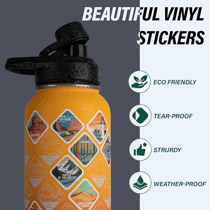 DYSANKY National Parks Water Bottle – 32 oz Insulated Stainless Steel Bottle with 63 Hand-Drawn Park Stickers, Carrier Bag, Strap & Gift Box – BPA-Free – Ideal for Hiking, Camping & Travel