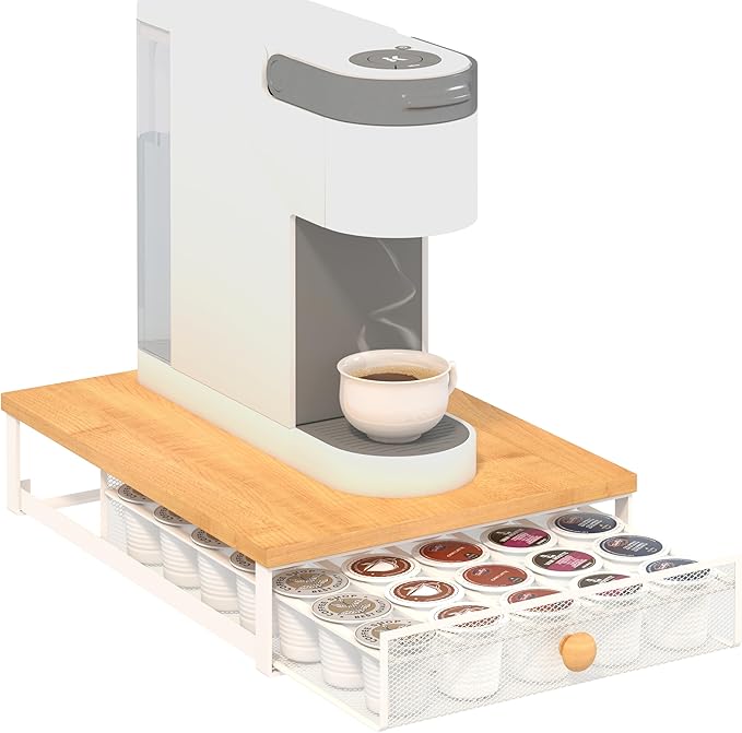 Sedegn Coffee Pod Holder Counter Coffee Vertuo Capsules Storage Organizer with Sliding Drawer Compatible For K-Cup Pods Nespresso Pods No Assembly Needed Oak Color