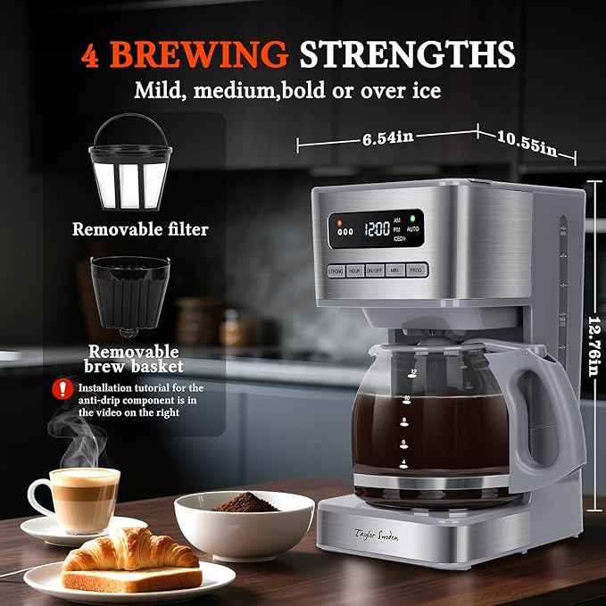 Taylor Swoden Programmable Coffee Makers 12 Cup, Hot and Iced Coffee Maker, 4 Brew Strength, LED Display, 24H Timer, Keep Warm&Auto Shutoff- Drip Coffee Machine for Home/Office, Gray & Stainless Steel