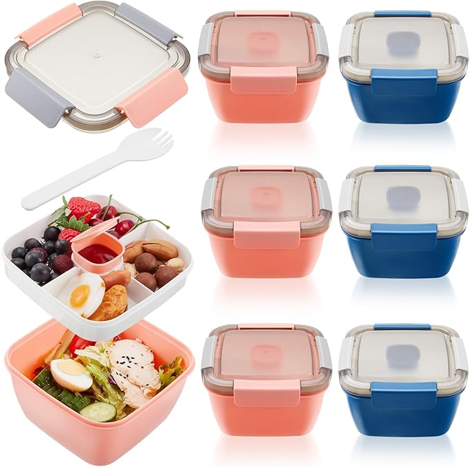 Tessco for you 6 Pcs Salad Lunch Container 50 oz Salad Container with 3 Compartment Reusable Bento Box for Adults Stackable Lunch Bowl for Meal Snack Fruit(Pink,Blue)
