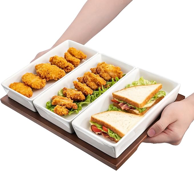 Elsjoy 3-Section Serving Tray, Wood Divided Serving Dish with Ceramic Bowls, 3-Compartment Food Platter Dipping Tray for Appetizer, Fruits, Bread