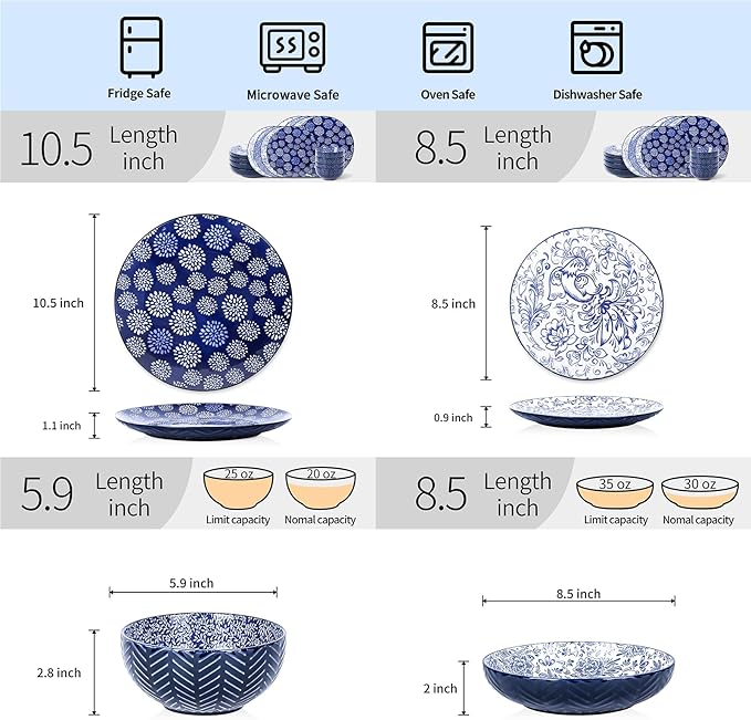 Selamica Ceramic Plates and Bowls Sets, 32 Pieces Dinnerware Sets for 8, Scratch Resistant Embossed Dishes Set for Family Gatherings, Dishwasher & Microwave Safe, Dark Blue
