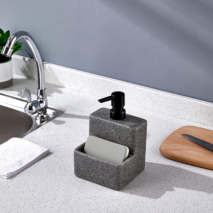 zccz Soap Dispenser with Sponge Holder, Liquid Hand and Dish Soap Dispenser Pump Bottle and Sponge Holder 2 in 1 for Kitchen Sink Bathroom Counter Storage and Organization Black Marble Look