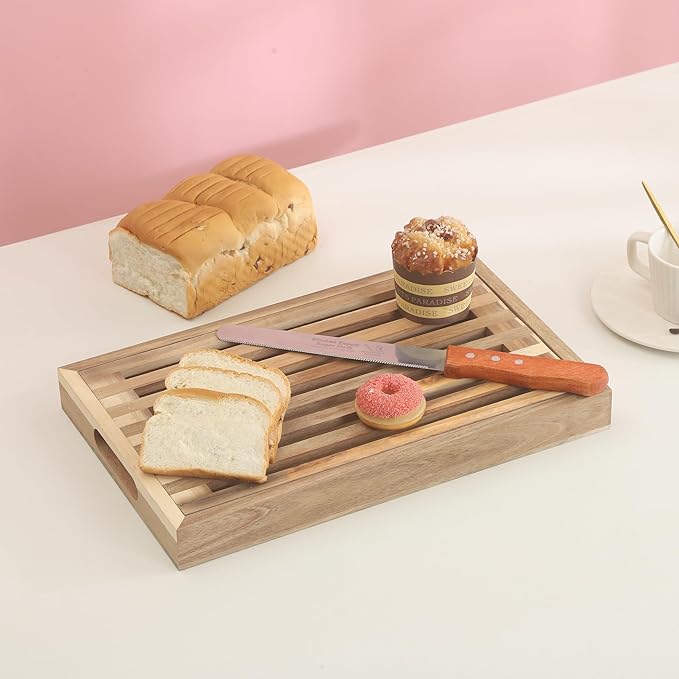 Bread Cutting Board with Crumb Catcher Tray Wooden Holder Bread Tray for Serving Bread Slicers for Homemade Bread Cutting Boards for Kitchen with Holder