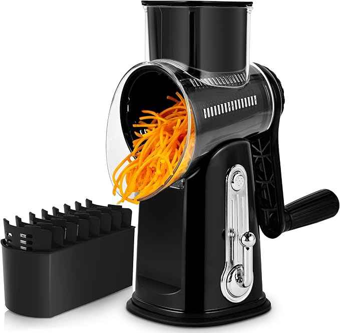 SUSTEAS Rotary Cheese Grater with Handle - Vegetable Shredder with 5 Well-designed Blades & Strong Suction Base,Round Mandoline Slicer & Food Chopper for Kitchen,with Blade Storage Box(Black)