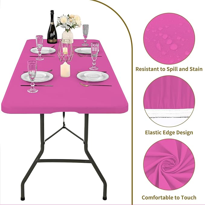 6 Pack Fitted Tablecloth for 6 Foot Rectangle Tables, Hot Pink Elastic Outdoor Picnic Table Cover, Washable Stretch Folding Table Cloths 6 ft for Camping Party Patio Kitchen Banquet, 30" W x 72" L