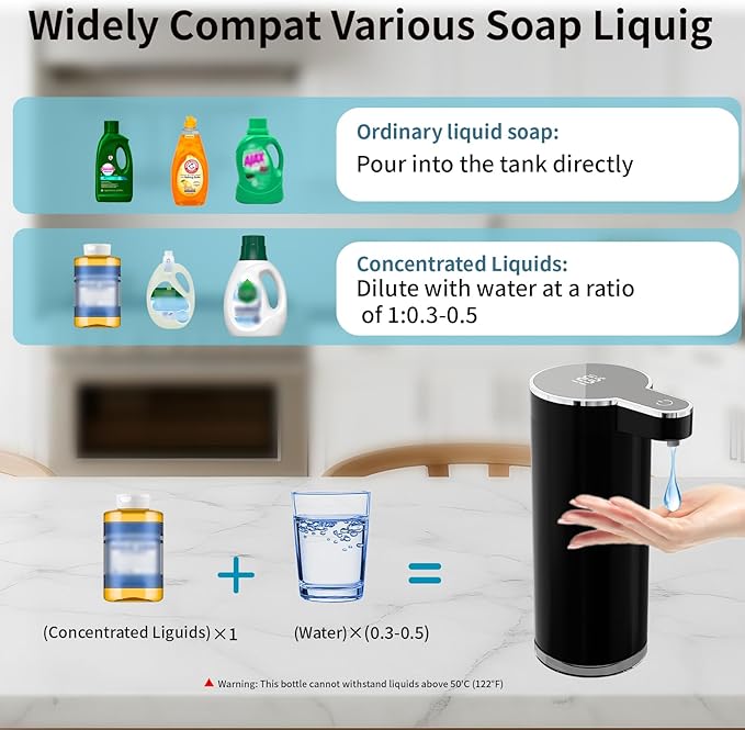 Automatic Liquid Soap Dispenser, 304 Stainless Steel Bottle Body &12 oz/350ml Rechargeable, 4 Adjustable Liquid Levels, IPX5 Waterproof for Bathroom,Kitchen,Hotel(Stainless Steel for Liquid Soap)