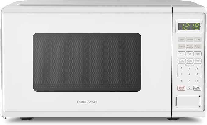 Farberware 0.9 Cu. Ft. Countertop Microwave Oven – 900 Watts Power, Auto Cook Settings, Defrost, Easy Clean and Child Safety Lock - White