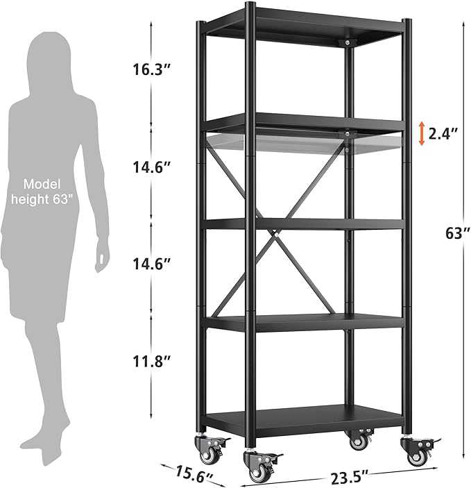 REIBII Storage Shelves for Storage with Wheels 1158LBS Heavy Duty Metal Shelving Unit Rolling Adjustable 5-Tier Pantry Shelves Kitchen Shelves Garage Shelving Utility Rack 2 Pack