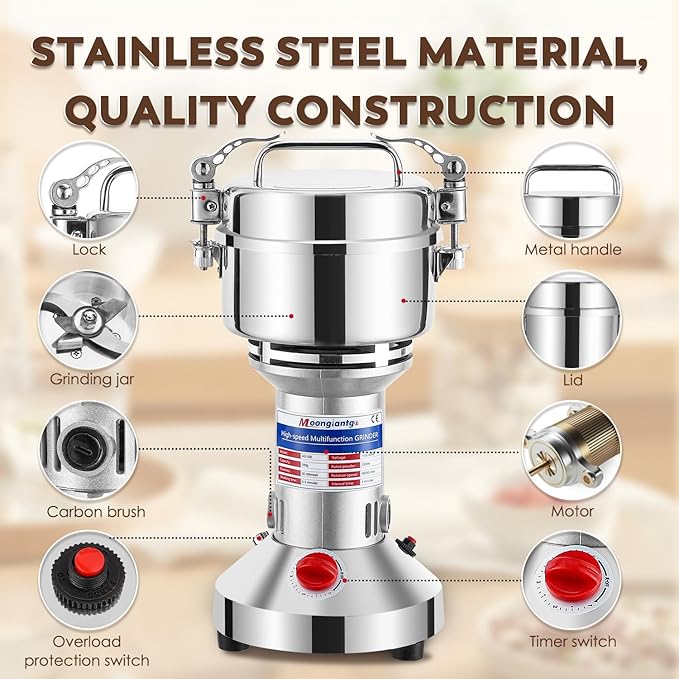 Moongiantgo 500g Grain Grinder with 4 Pairs of Carbon Brushes and Carbon Brush Caps