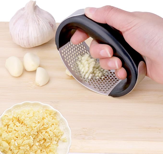 Garlic Press Rocker Stainless Steel Ginger Crusher Squeezer Kitchen Gadget with Ergonomic handle, Silicone Tube Garlic Peeler and Cleaning Brush Tool Set