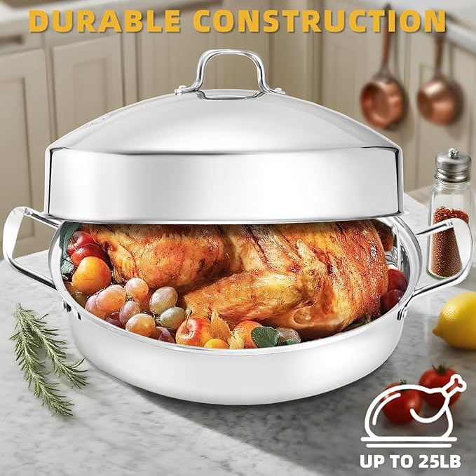JY COOKMENT 22" Large Roasting Pan with Rack and Lid,Oval Turkey Roaster Pan for oven,Stainless Steel Roasting Pan with rack,Best Gift for Mother or Father.