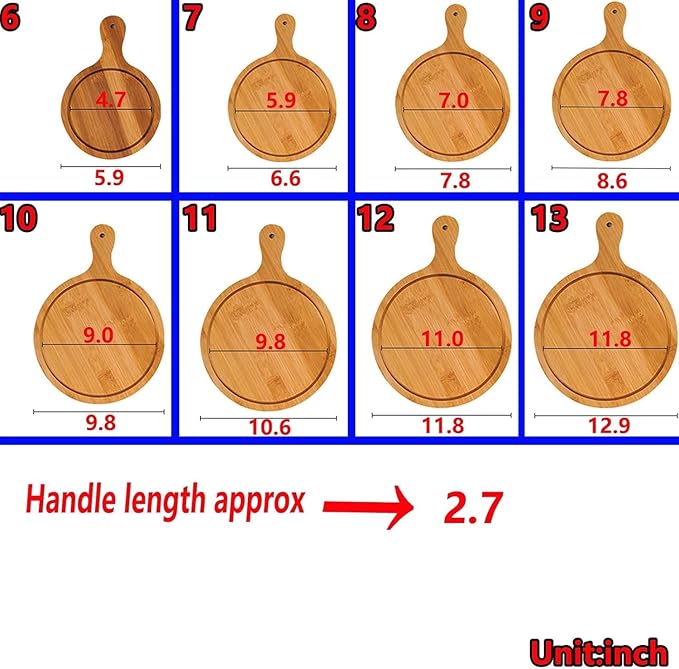 6 Pack Pizza Board Set – Premium Wooden Pizza Plates for Serving & Cutting, Round Bamboo Pizza Plate with Handle, Durable & Lightweight for Home & Restaurant (Up to 13 Inches),9inch