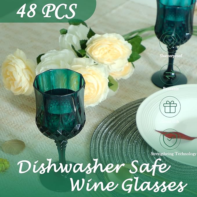 Plastic Wine Glasses, Plastic Goblets Vintage Style Cordial Unbreakable Drinking Glasses, Reusable Drinkware for Wedding Reception, Grand Event Party Supplies (48, Green)