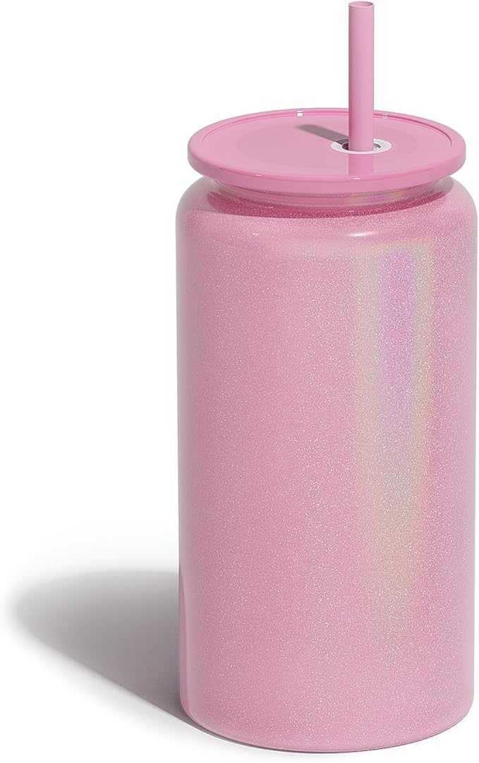 Glass Cups with Lids and Straws, 16oz Stainless Steels Cups, Beer Cups, Iced Coffee Cup, Smoothie Cup, Sublimation Tumbler, Pink (Shiny Polished Finish, Sublimatable)