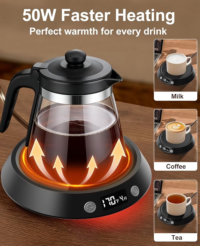 Kepwam Coffee Mug Warmer - 50W Electric Coffee Warmer for Desk 3 Temp Settings & 2-9 Timer Smart Cup Warmer for Desk Candle Warmer Plate with LED Lights Beverage Tea Milk Warmer for Home & Office