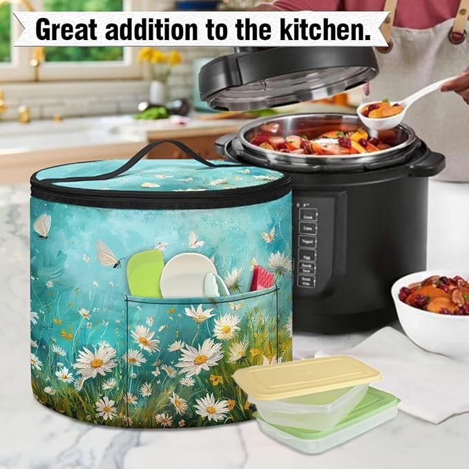 Butterfly Daisy Electric Pressure Cooker Insulation Bag Smooth Flat Surface Pressure Cooker Storage Bag with Handle and Pockets