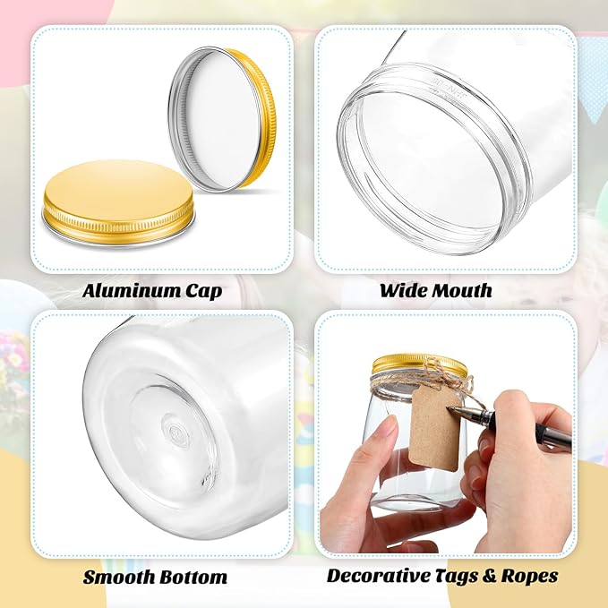 Nitial 50 Pack 5 oz Plastic Jars with Lids Bulk Yogurt Containers with Lids Gift Jars with DIY Craft Twine and Labels Gifts for Birthday Wedding Halloween Christmas Party Favor(Gold,Aluminum Lid)
