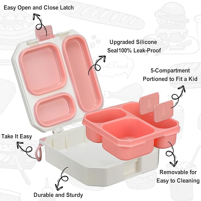 Itslife Bento Lunch Box Set for Kids with 12oz Soup Thermo&Lunch Bag, Leak-Proof Lunch Food Containers for Kids School, 5 Compartment, Sauce Cup, 10 Notes (Rainbow White)