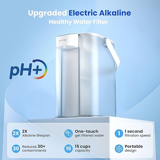 Waterdrop ED01AW Electric Water Filter Pitcher, Alkaline Rechargeable Water Dispenser, with 1 Filter, Instant 200-Gallon 15-Cup Countertop Purifier, Reduce PFOA/PFOS, Chlorine, Lead, White