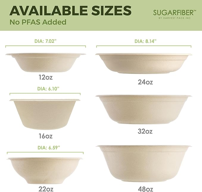 [500 COUNT] Harvest Pack PFAS FREE 48oz Round Paper Bowls - Compostable Heavy-Duty Eco-Friendly Disposable Bagasse Large Soup Bowls sugarcane made for Meal Prep Takeout Dinnerware, Microwave Safe