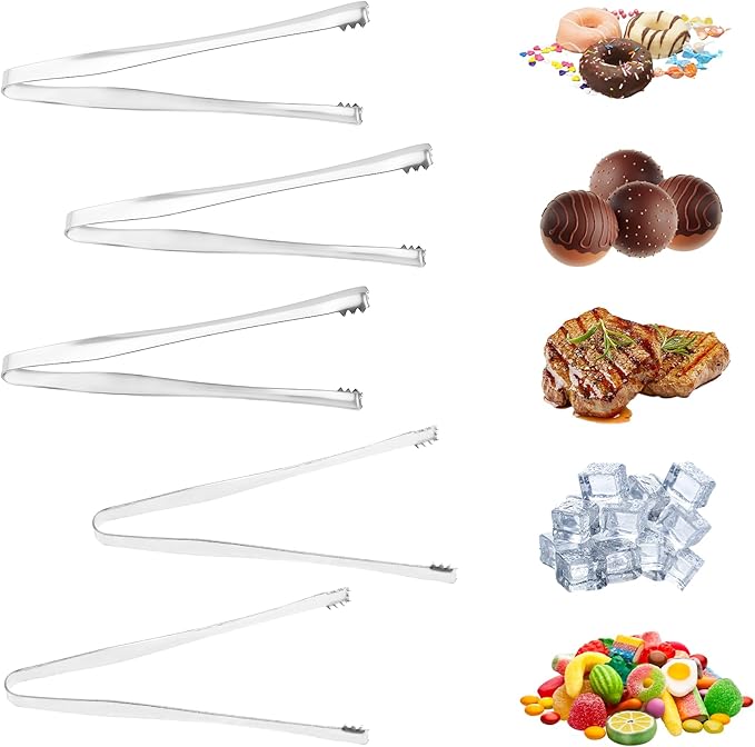 5PCS Stainless Steel Kitchen Tongs, Metal Food Tongs with Non-Slip Grip/Egg Chalaza Removal Tongs, Toothed Design Eggshell Fragment Remover Tong for Cooking Food Cake Bakers Pastry Chefs