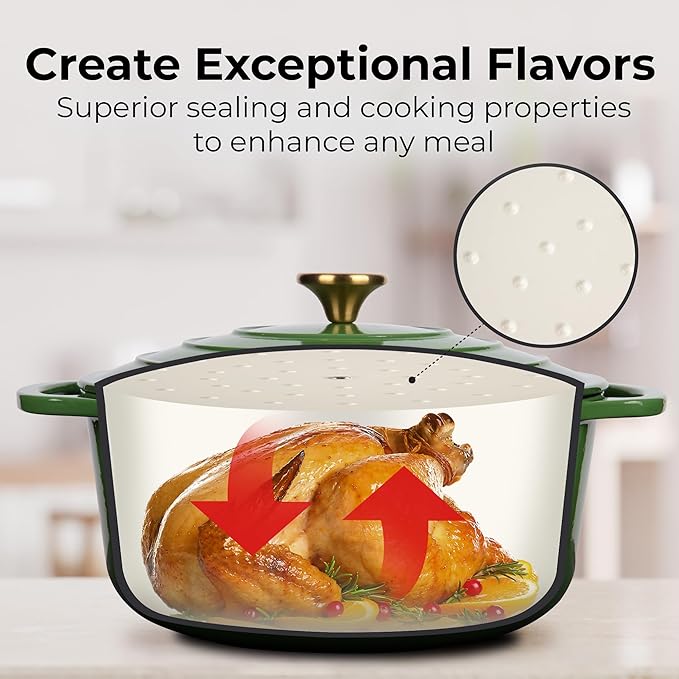 Zulay Kitchen 7.7 Quart Enameled Cast Iron Dutch Oven Pot with Lid – Premium Durability & Oven Safe up to 500°F – Heavy Duty Cookware Perfect for Bread Baking, Stews, Braising & Roasting – Green