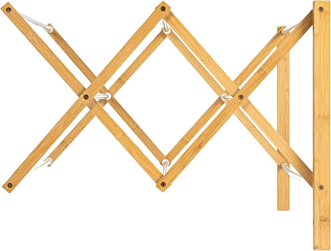 Household Essentials Bamboo and Metal Wall Mount Extendable Drying Rack, Compact Upscale Laundry Rack with 8 Dowels, White