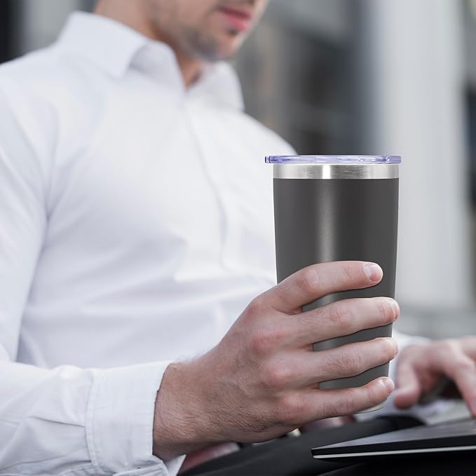 20 oz Tumbler Coffee Travel Tumblers Bulk with Lid Stainless Steel Double Wall Vacuum Insulated Mug Powder Coated Cups fit Car Cupholder for Hot and Cold - Grey, 12Pack