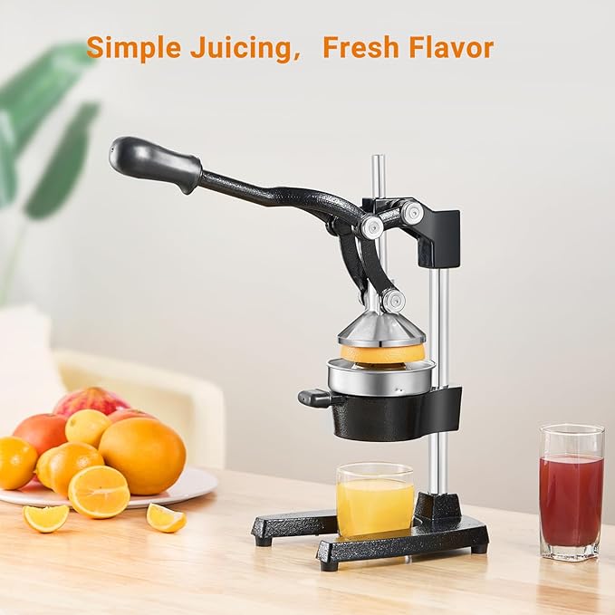 TONGCHANT Cast Iron Juicer, Heavy Duty Manual Citrus Press | Hand Press Juicer for Orange Lemon Pomegranate, High Leverage for Easy Juicing, Stainless Steel Cup, Black