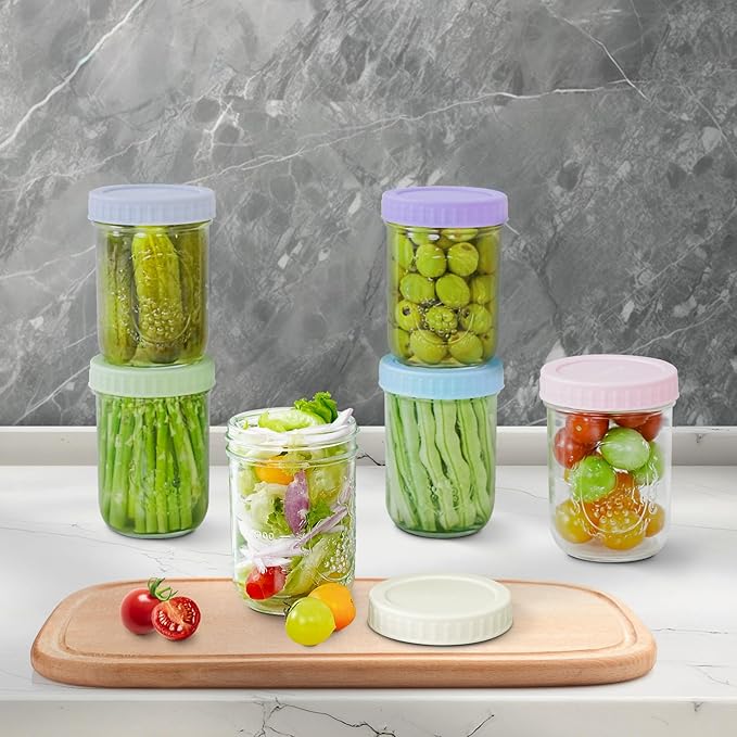 Miuyhji Overnight Oats Containers with Lids, 6-Pack Glass Mason Jars 16 oz with Lids Wide Mouth, Reusable Food Storage Containers for Snack, Chia Pudding, Yogurt, Meal Prep, Salad