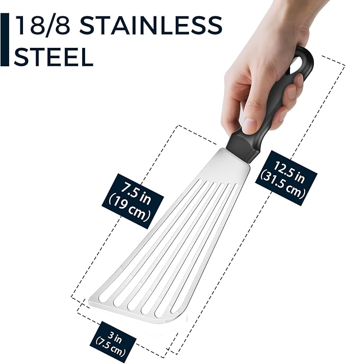 Fish Spatula 18/8 Stainless Steel, Thin Long Flexible 12.5-in Metal Spatula Fish Turner Brushed Kitchen Utensil for Outdoor Grilling Daily Barbeque, Dishwasher Safe