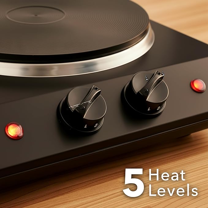 OVENTE Electric Countertop Double Burner, 1700W Cooktop with 7.25" and 6.10" Cast Iron Hot Plates, Temperature Control, Portable Cooking Stove and Easy to Clean Stainless Steel Base, Black BGS102B