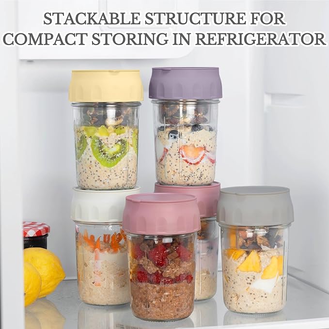 SOLIGT 2 Pack Overnight Oats Containers with Lids, Folding Spoons and Divided Compartments for Fruit & Nuts, Small Glass 16oz Mason Jars for Oatmeal Yogurt Parfait