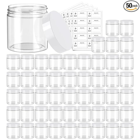 50 Pack 4 OZ Plastic Jars Round Clear Cosmetic Container with White Lids, Eternal Moment Slime Jars for Lotion, Cream, Ointments, Makeup, Eye shadow, Rhinestone, Samples, Pot, Travel Storage