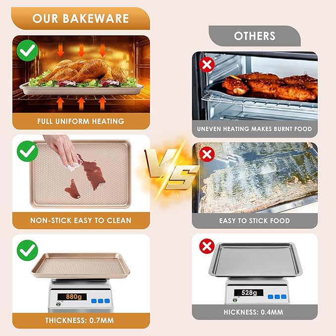 Baking Sheet Pan Set of 3, Nonstick Carbon Steel Cookie Sheets with Texture, Commercial Half/Quarter/Jelly Roll Pans Replacement Toaster Oven Tray, Heavy Duty & Easy Clean, Rose Gold