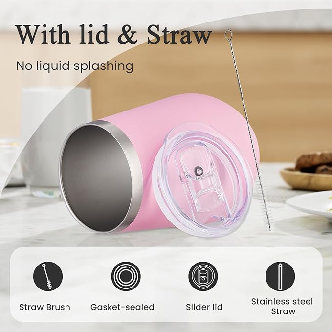 MEWAY Stemless 12oz Insulated Wine Tumbler with Lid and Straw - Double Wall Stainless Steel Thermal Cup for Hot and Cold Drinks, Bridal Shower Prizes for winners(Pink,Set of 8)