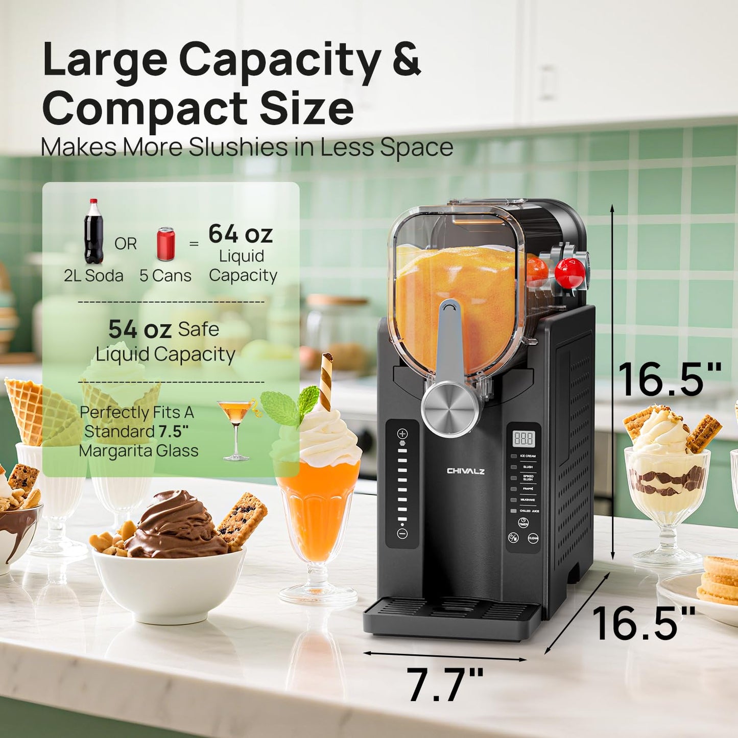 Slushie Machine No Ice Needed, Slushy Machine for Home, CHIVALZ Frozen Drink Maker with 6 Preset Programs for Margaritas, Frappés, Milk Shake and More, LED Display, Auto Clean, Black, 1 Pack+6 Modes