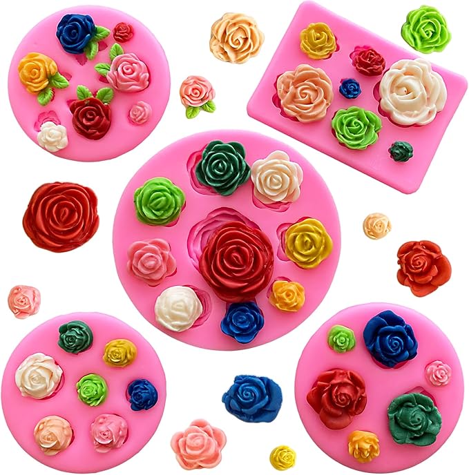 5Pcs Rose Flower Silicone Molds Small Flower Fondant Chocolate Candy Molds Polymer Clay Resin Ice Cube Soap Wax Mold for Baking