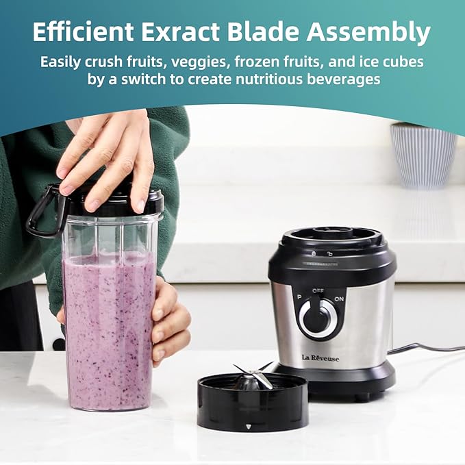La Reveuse Personal Size Blender for Shakes Smoothies,400W, with 2 x 24 Oz Blending Cups and 2 Spout Lids,BPA-free