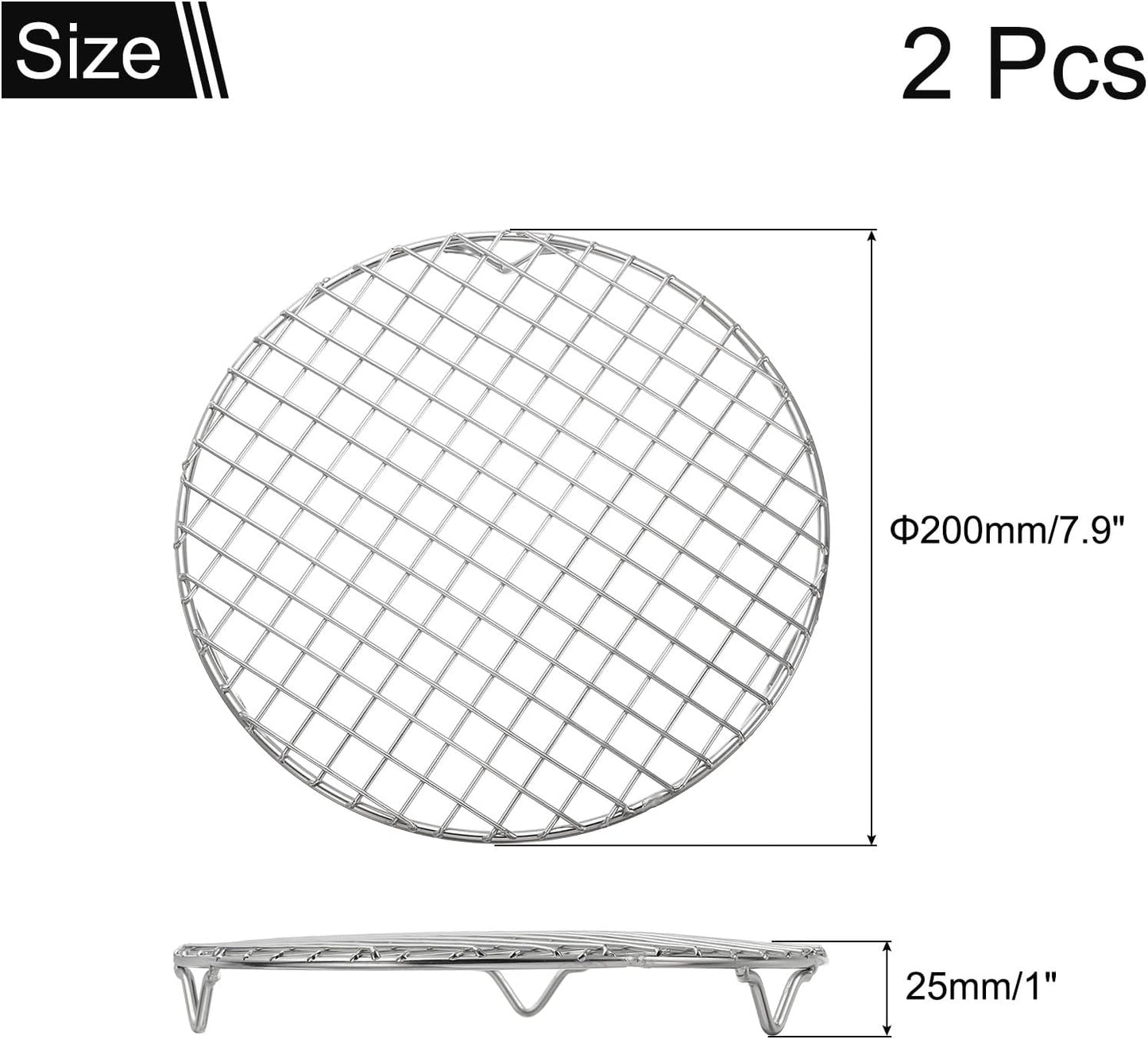 uxcell 2 Pcs Round Cooking Rack with Legs, Dia 7.9 Inch 304 Stainless Steel Barbecue Grill for Cooking Baking Barbecue Air Fryer Racks, Silver